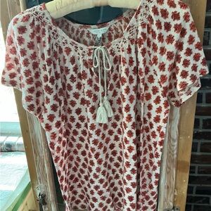 Lucky Brand Boho Tassel Tie Short Sleeve Blouse w/ Smocking
